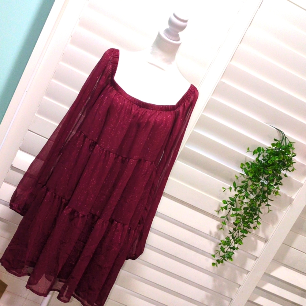 Retail $80 NWT Altar'd State Burgundy Sheer Babydoll Princess Glittery Dress